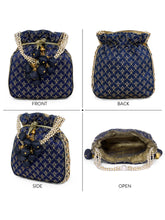Blue potli bag named Rich Zari Sequence Wedding Potli, featuring artificial beads detailing and soft fabric texture | Peora
