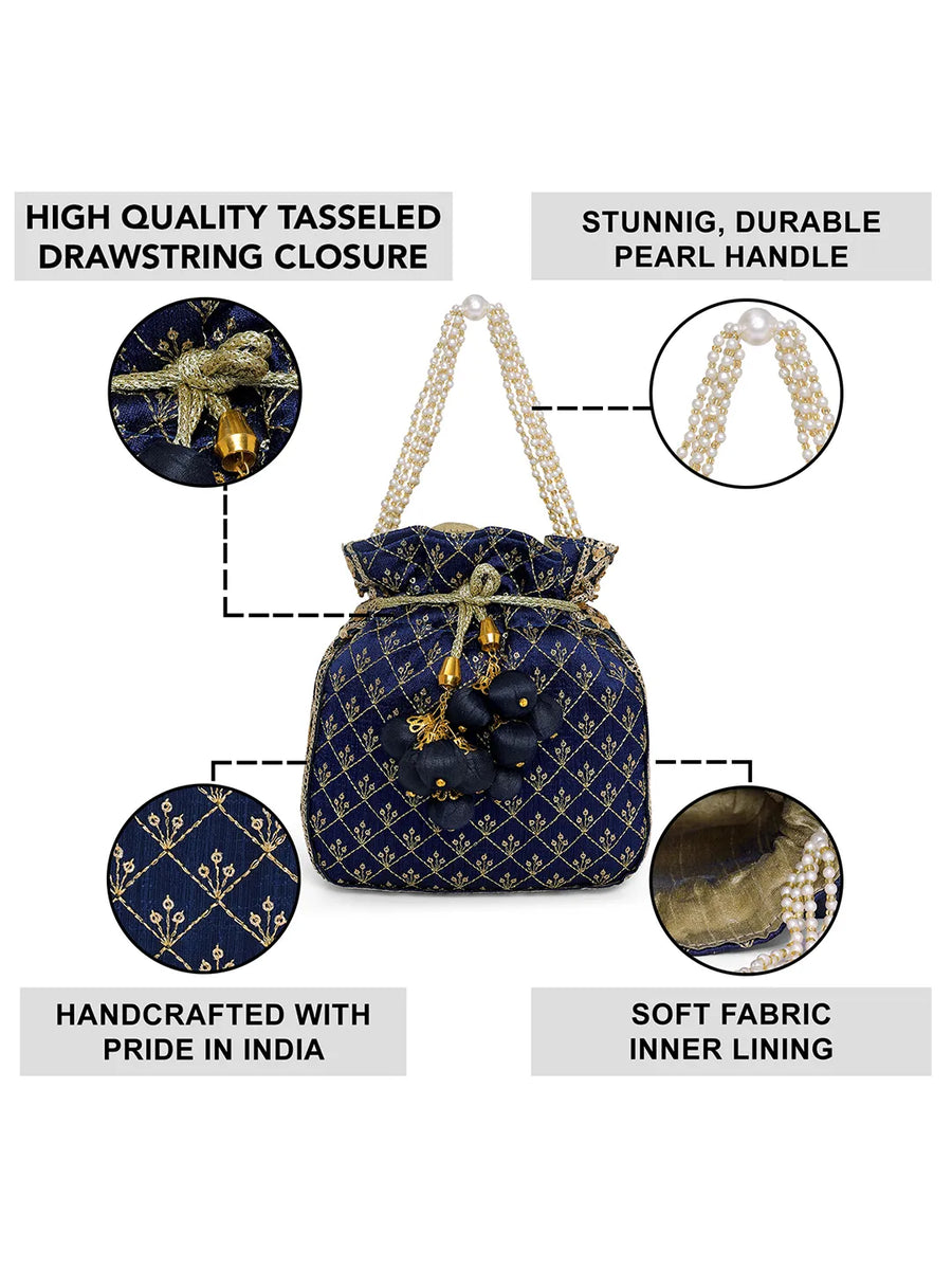 Blue potli bag named Rich Zari Sequence Wedding Potli, featuring artificial beads detailing and soft fabric texture | Peora
