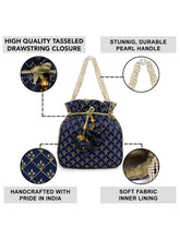 Blue potli bag named Rich Zari Sequence Wedding Potli, featuring artificial beads detailing and soft fabric texture | Peora
