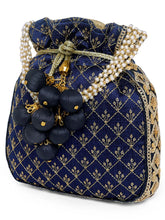 Blue potli bag named Rich Zari Sequence Wedding Potli, featuring artificial beads detailing and soft fabric texture | Peora
