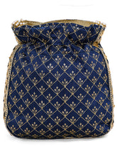 Blue potli bag named Rich Zari Sequence Wedding Potli, featuring artificial beads detailing and soft fabric texture | Peora
