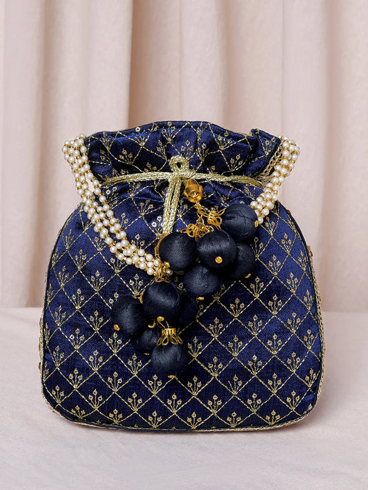 Blue potli bag named Rich Zari Sequence Wedding Potli, featuring artificial beads detailing and soft fabric texture | Peora
