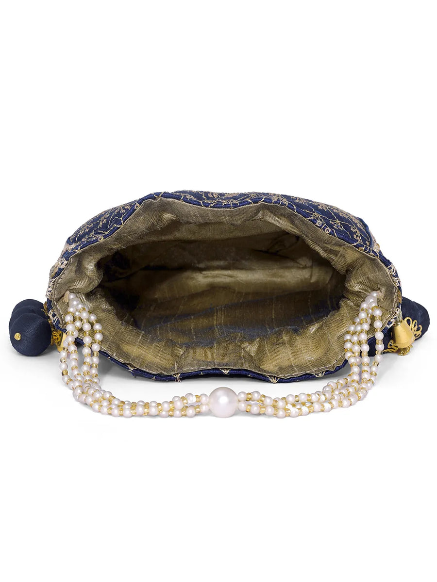 Blue potli bag named Rich Zari Sequence Wedding Potli, featuring artificial beads detailing and soft fabric texture | Peora

