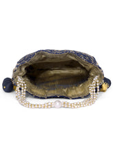 Blue potli bag named Rich Zari Sequence Wedding Potli, featuring artificial beads detailing and soft fabric texture | Peora
