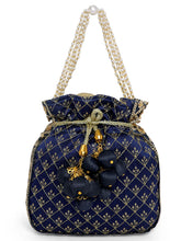 Blue potli bag named Rich Zari Sequence Wedding Potli, featuring artificial beads detailing and soft fabric texture | Peora
