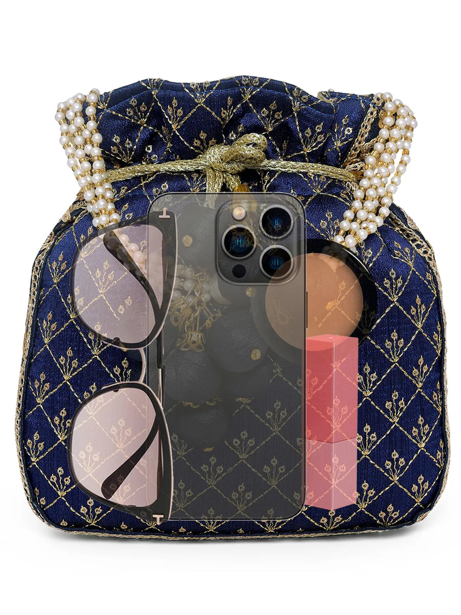 Blue potli bag named Rich Zari Sequence Wedding Potli, featuring artificial beads detailing and soft fabric texture | Peora
