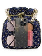 Blue potli bag named Rich Zari Sequence Wedding Potli, featuring artificial beads detailing and soft fabric texture | Peora
