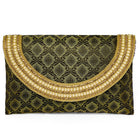 Blue clutch bag named Twilight Gleam Foldover Clutch, featuring pearl detailing and soft fabric texture | Peora
