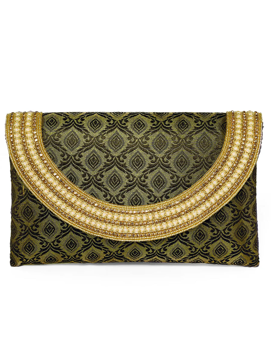 Blue clutch bag named Twilight Gleam Foldover Clutch, featuring pearl detailing and soft fabric texture | Peora
