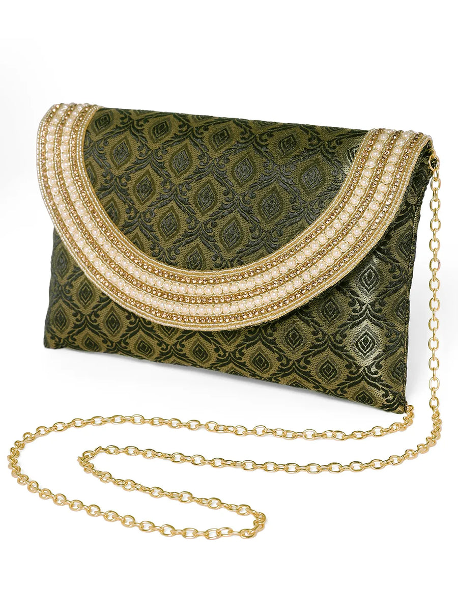 Blue clutch bag named Twilight Gleam Foldover Clutch, featuring pearl detailing and soft fabric texture | Peora
