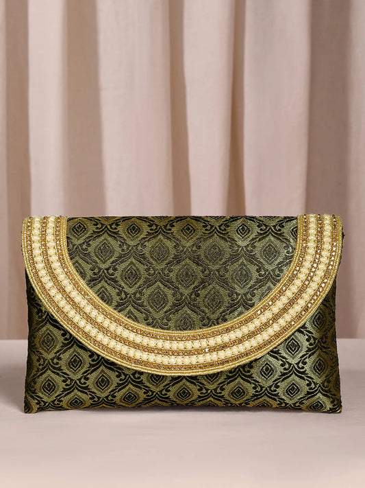 Blue clutch bag named Twilight Gleam Foldover Clutch, featuring pearl detailing and soft fabric texture | Peora
