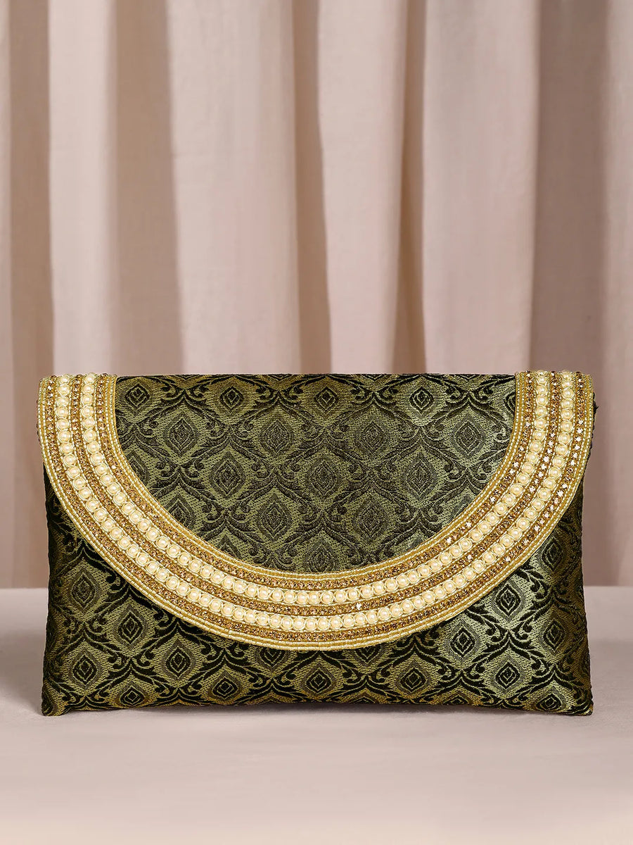 Blue clutch bag named Twilight Gleam Foldover Clutch, featuring pearl detailing and soft fabric texture | Peora
