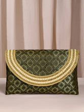 Blue clutch bag named Twilight Gleam Foldover Clutch, featuring pearl detailing and soft fabric texture | Peora
