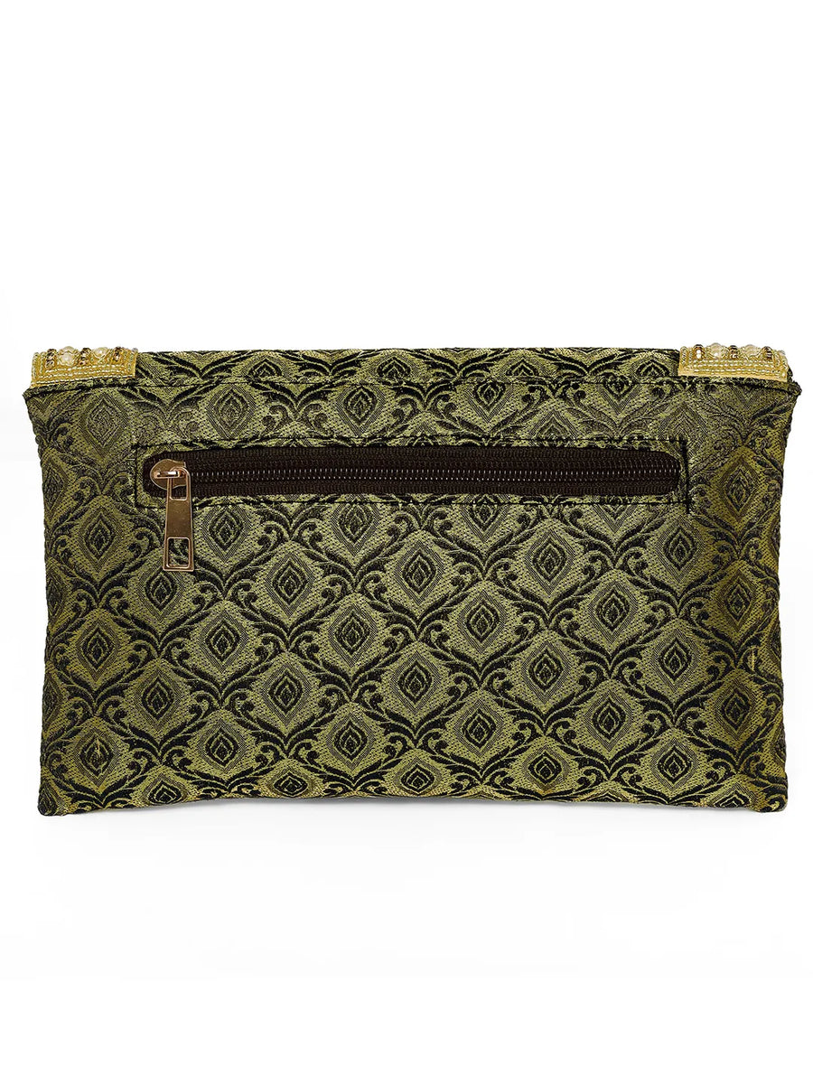 Blue clutch bag named Twilight Gleam Foldover Clutch, featuring pearl detailing and soft fabric texture | Peora
