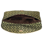 Blue clutch bag named Twilight Gleam Foldover Clutch, featuring pearl detailing and soft fabric texture | Peora

