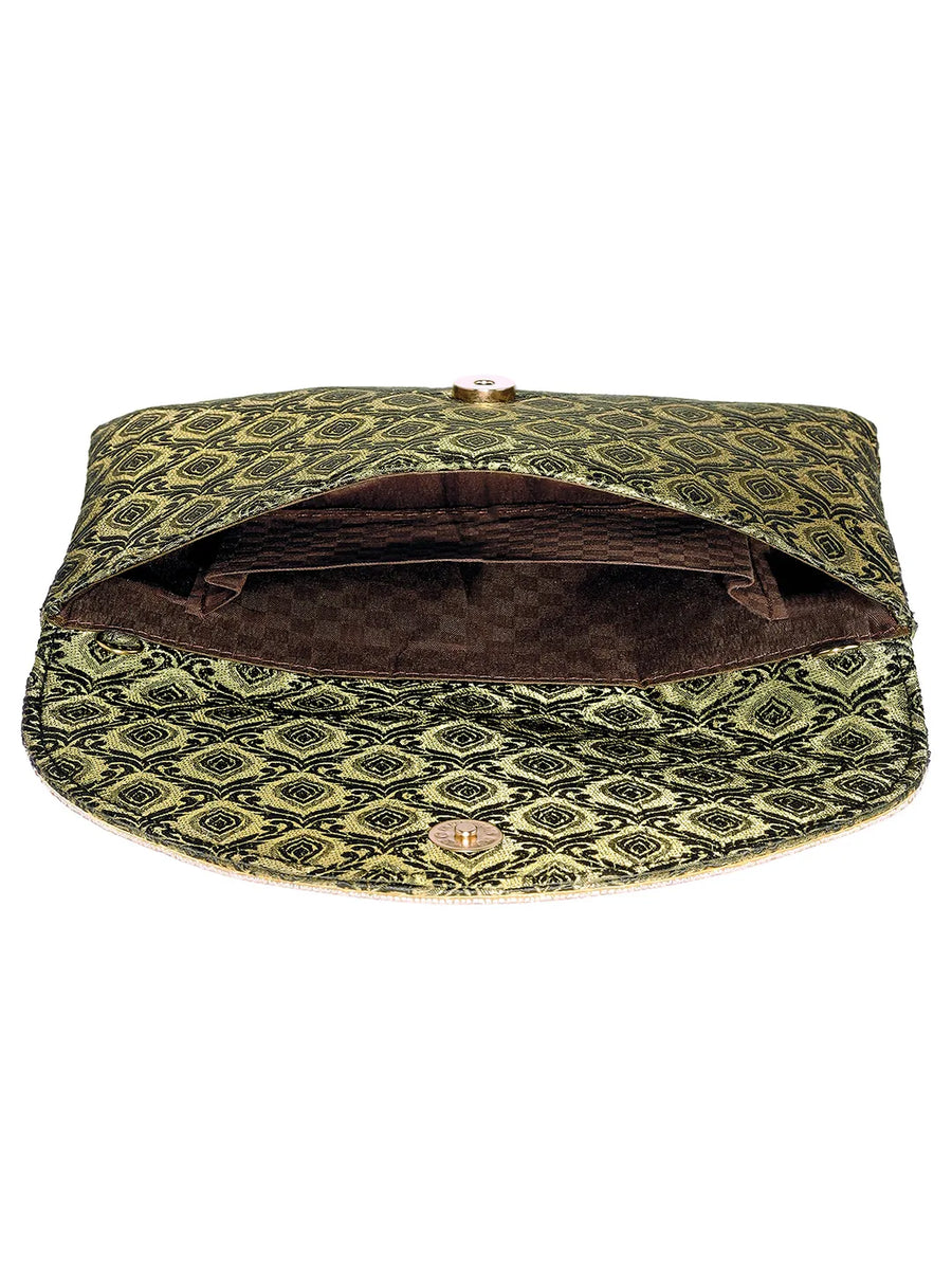 Blue clutch bag named Twilight Gleam Foldover Clutch, featuring pearl detailing and soft fabric texture | Peora
