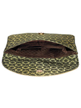 Blue clutch bag named Twilight Gleam Foldover Clutch, featuring pearl detailing and soft fabric texture | Peora
