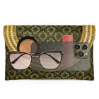 Blue clutch bag named Twilight Gleam Foldover Clutch, featuring pearl detailing and soft fabric texture | Peora
