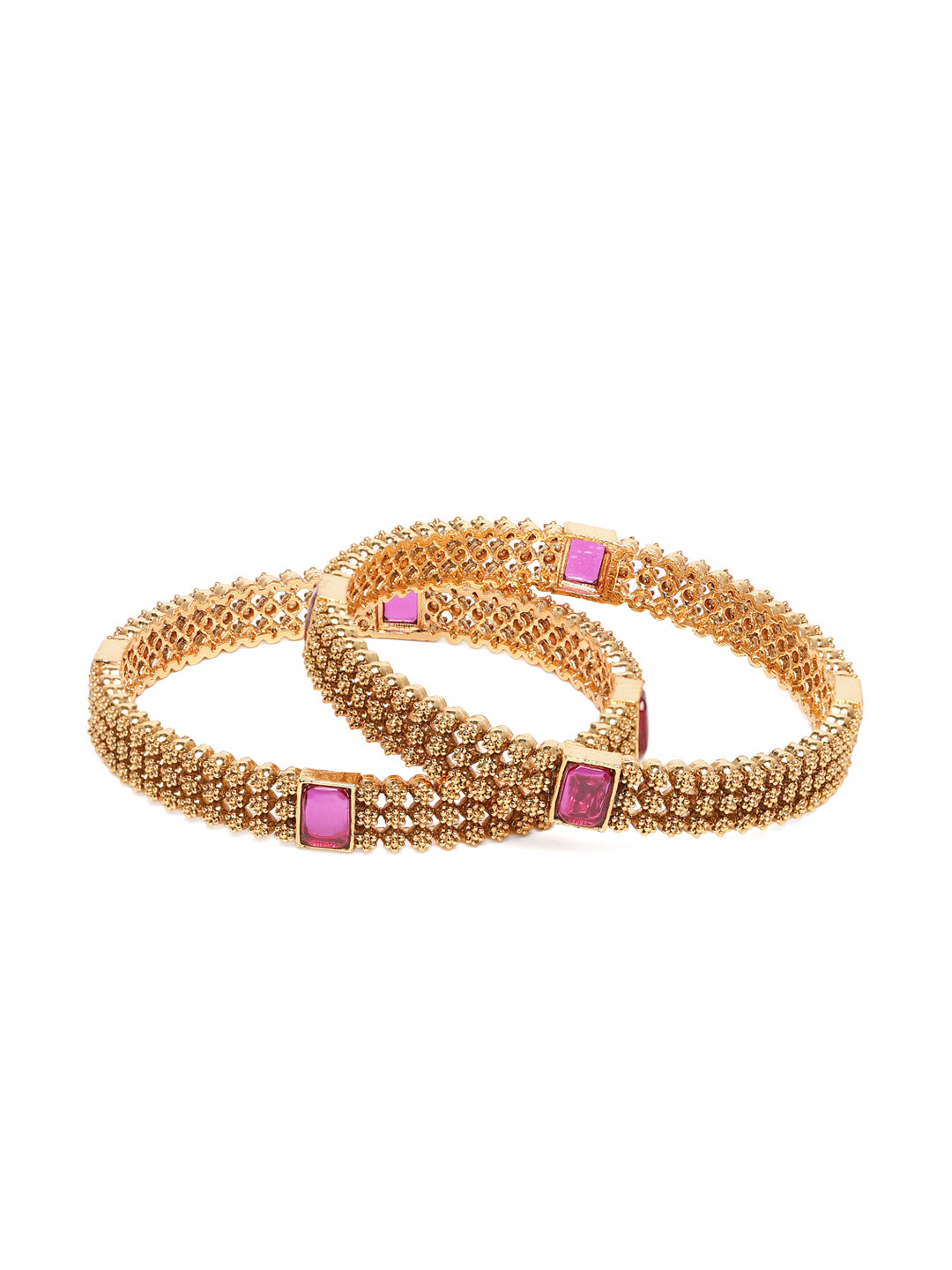Bold Triple Line Kada Bangle Set in Gold - Rani Pink featuring Faux Ruby bangle set 
