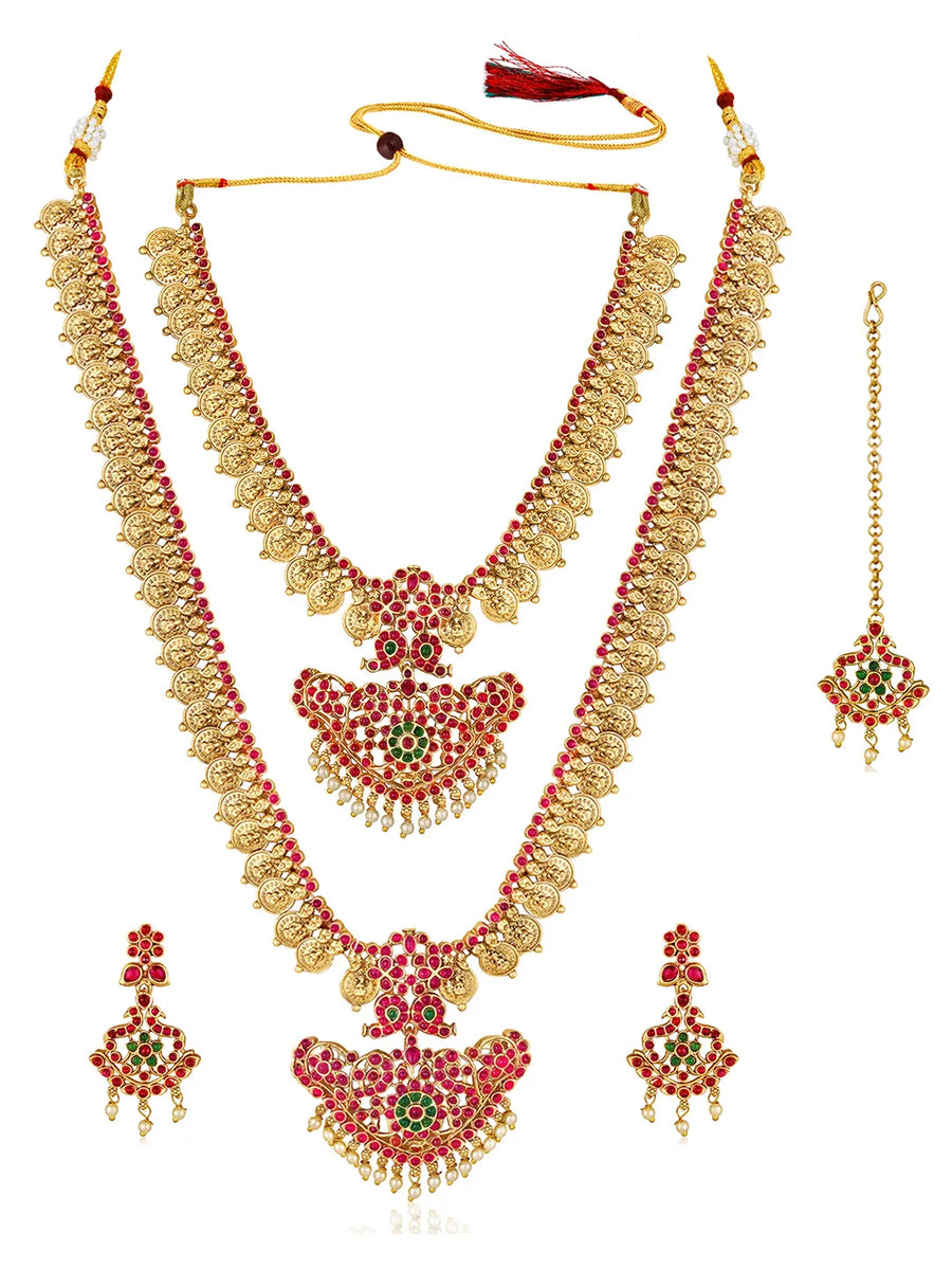 Gold - Rani Pink Green necklace earrings set crafted from brass, adorned with faux kundan & beads for an elegant, timeless look | Peora
