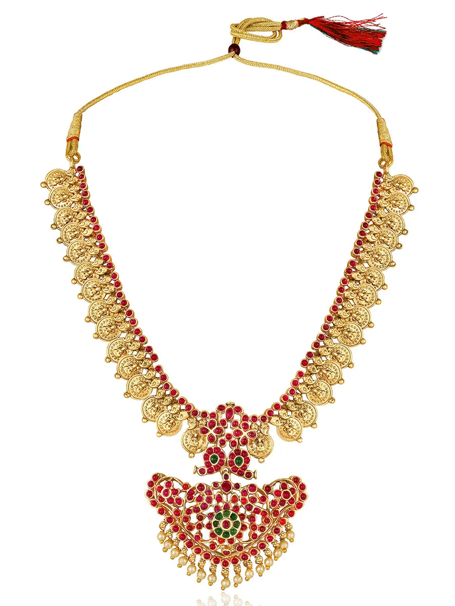 Gold - Rani Pink Green necklace earrings set crafted from brass, adorned with faux kundan & beads for an elegant, timeless look | Peora
