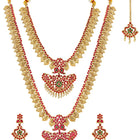 Gold - Rani Pink Green necklace earrings set crafted from brass, adorned with faux kundan & beads for an elegant, timeless look | Peora
