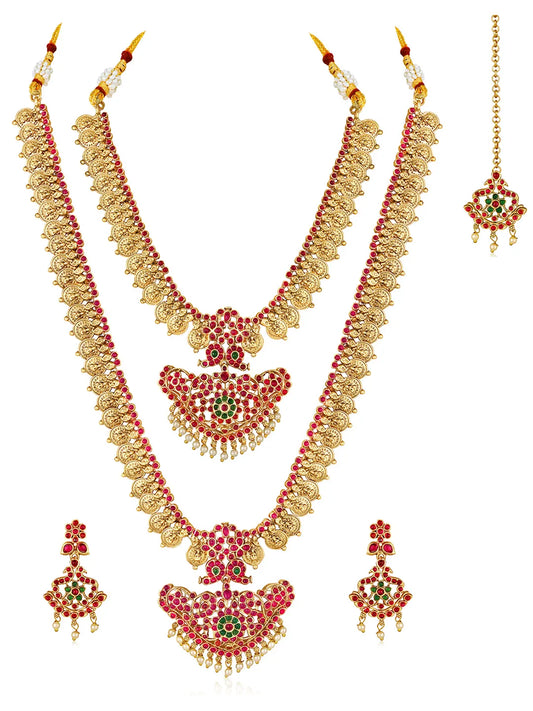 Gold - Rani Pink Green necklace earrings set crafted from brass, adorned with faux kundan & beads for an elegant, timeless look | Peora
