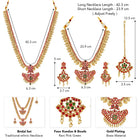 Gold - Rani Pink Green necklace earrings set crafted from brass, adorned with faux kundan & beads for an elegant, timeless look | Peora
