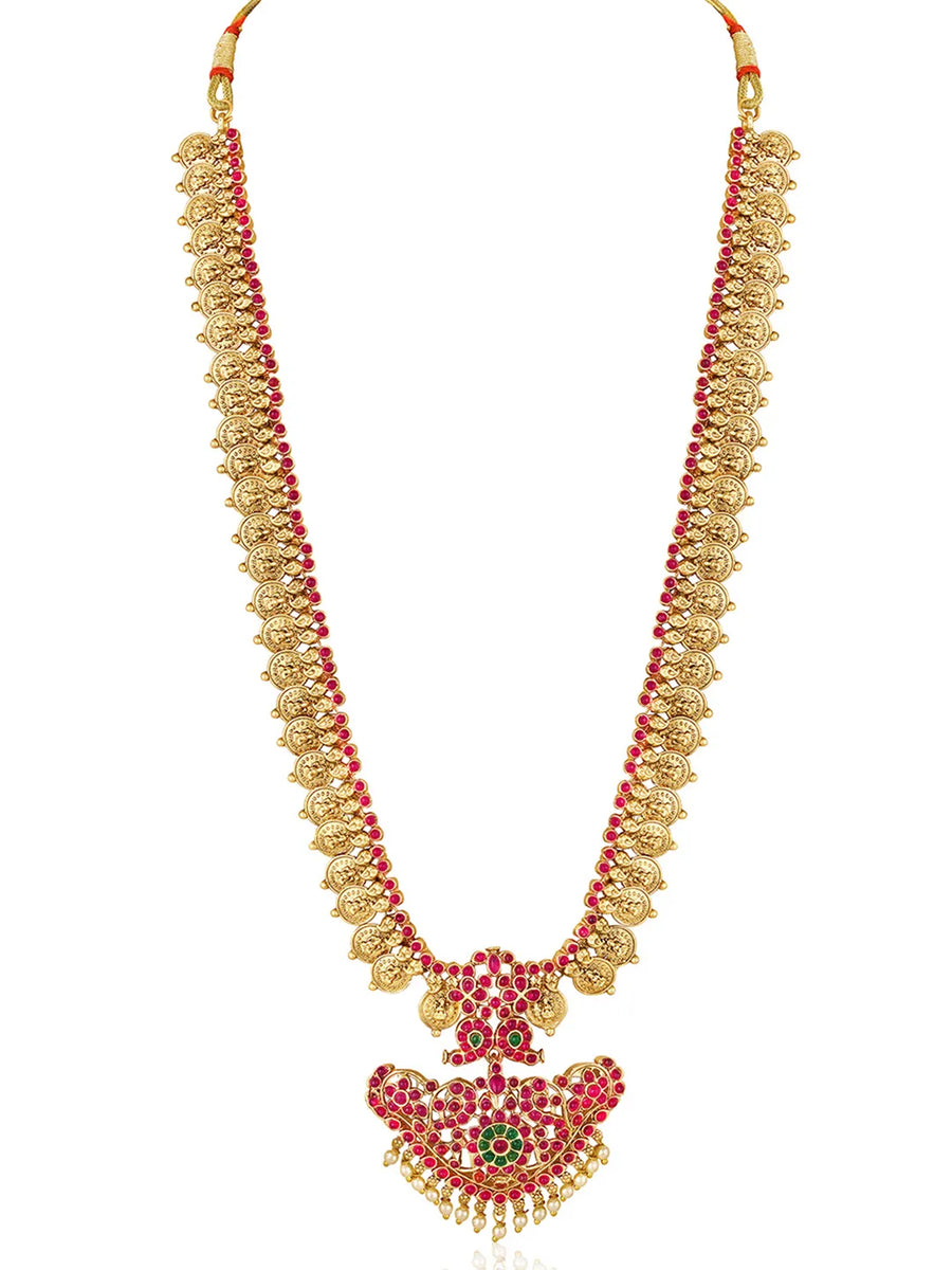 Gold - Rani Pink Green necklace earrings set crafted from brass, adorned with faux kundan & beads for an elegant, timeless look | Peora
