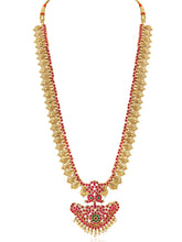 Gold - Rani Pink Green necklace earrings set crafted from brass, adorned with faux kundan & beads for an elegant, timeless look | Peora
