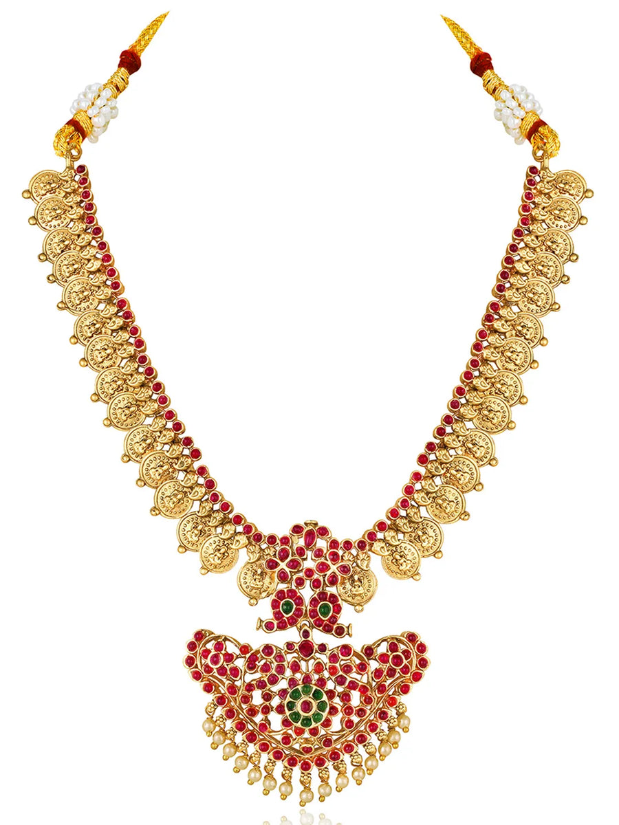 Gold - Rani Pink Green necklace earrings set crafted from brass, adorned with faux kundan & beads for an elegant, timeless look | Peora
