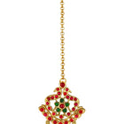 Gold - Rani Pink Green necklace earrings set crafted from brass, adorned with faux kundan & beads for an elegant, timeless look | Peora
