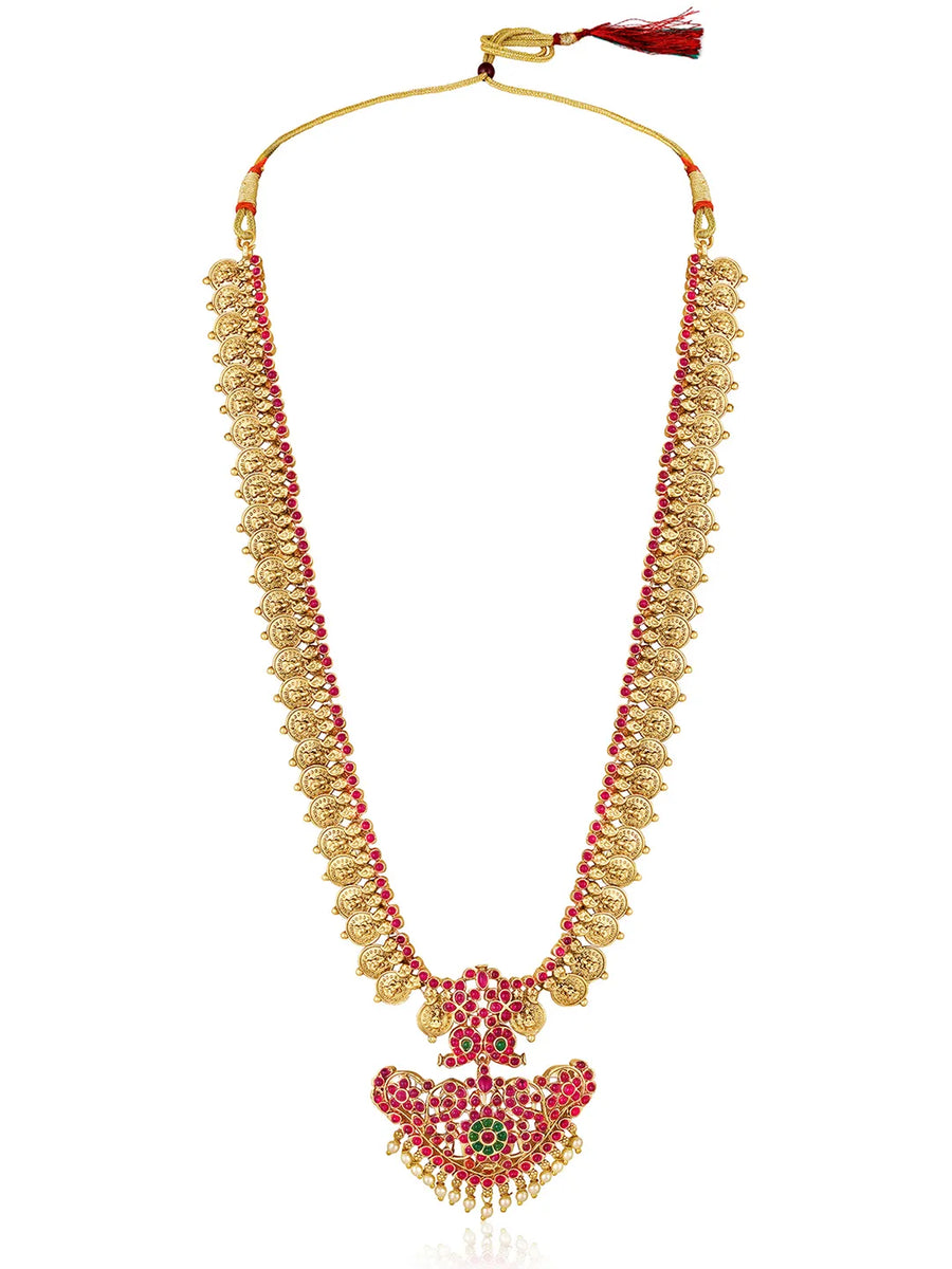 Gold - Rani Pink Green necklace earrings set crafted from brass, adorned with faux kundan & beads for an elegant, timeless look | Peora
