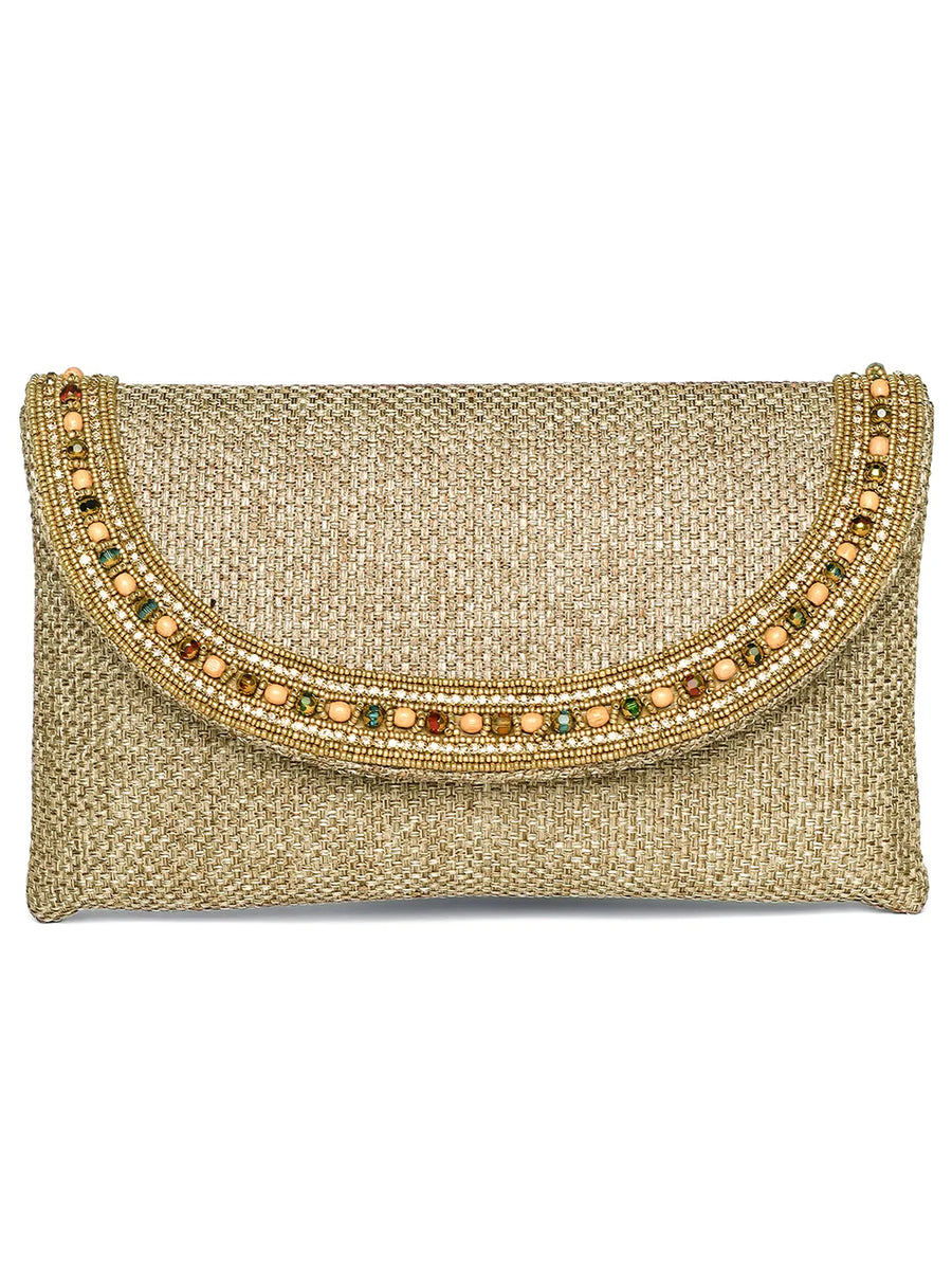 Brown clutch bag named Beaded Envelope Style Evening Clutch, featuring artificial beads detailing and soft fabric texture | Peora
