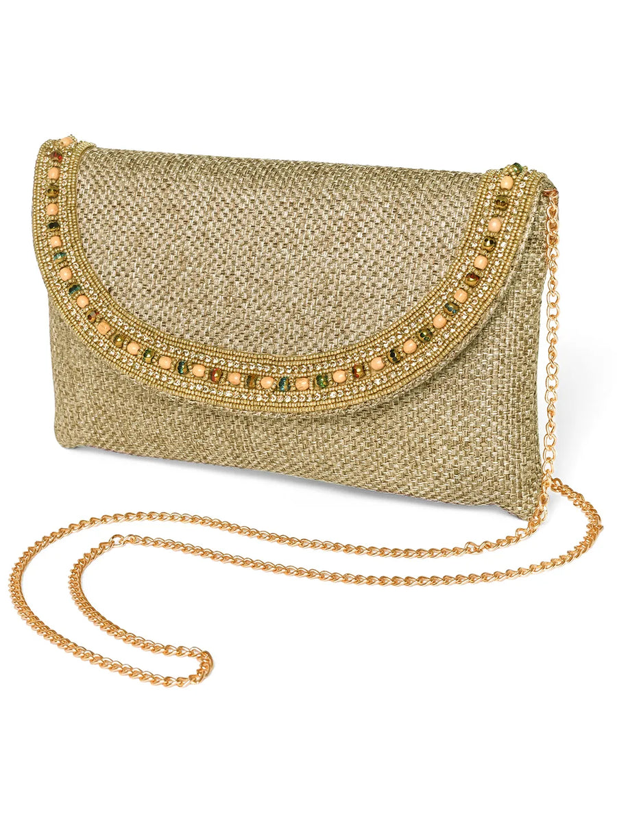 Brown clutch bag named Beaded Envelope Style Evening Clutch, featuring artificial beads detailing and soft fabric texture | Peora
