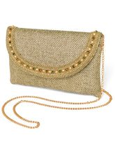 Brown clutch bag named Beaded Envelope Style Evening Clutch, featuring artificial beads detailing and soft fabric texture | Peora
