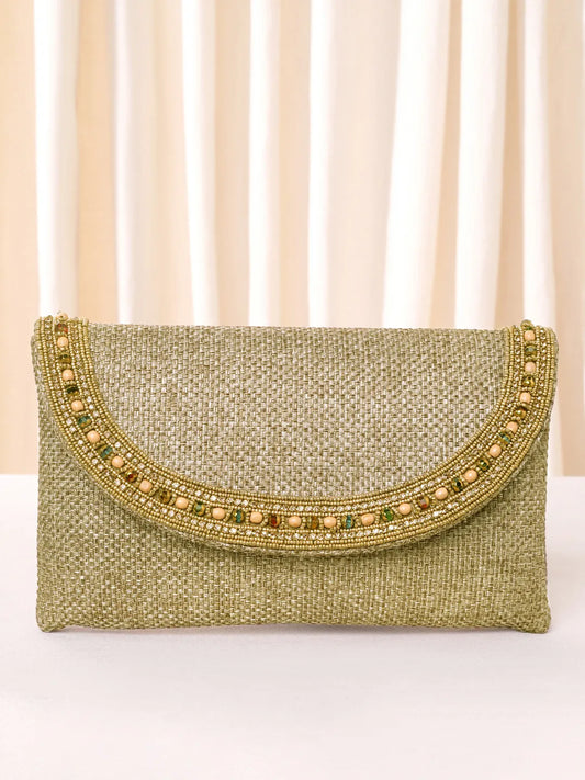 Brown clutch bag named Beaded Envelope Style Evening Clutch, featuring artificial beads detailing and soft fabric texture | Peora
