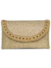 Brown clutch bag named Beaded Envelope Style Evening Clutch, featuring artificial beads detailing and soft fabric texture | Peora

