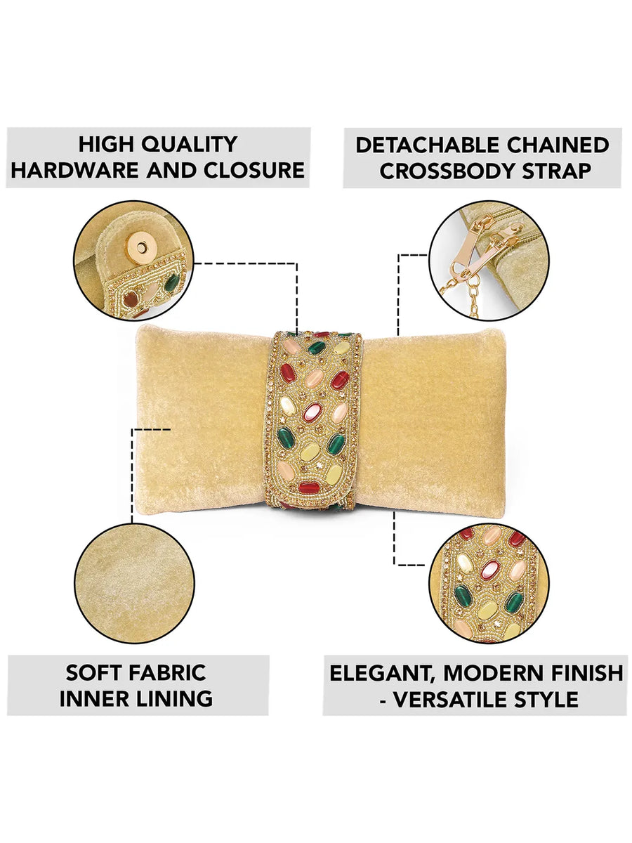 Brown clutch bag named Stylish Classic Envelope Clutch, featuring faux emerald detailing and soft fabric texture | Peora
