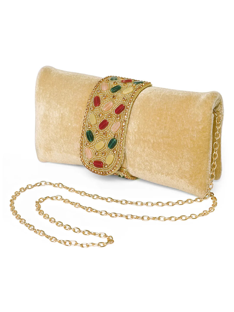 Brown clutch bag named Stylish Classic Envelope Clutch, featuring faux emerald detailing and soft fabric texture | Peora
