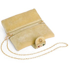 Brown clutch bag named Stylish Classic Envelope Clutch, featuring faux emerald detailing and soft fabric texture | Peora
