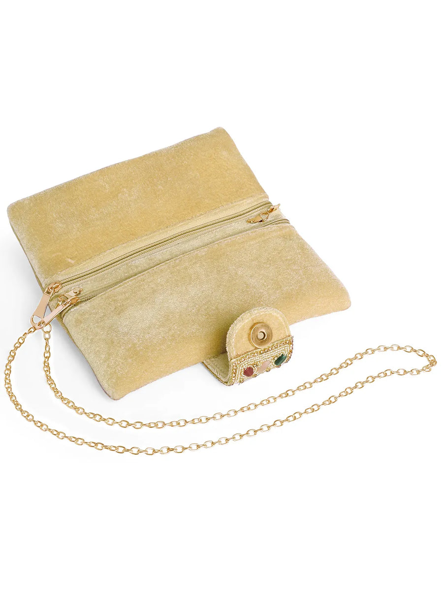 Brown clutch bag named Stylish Classic Envelope Clutch, featuring faux emerald detailing and soft fabric texture | Peora

