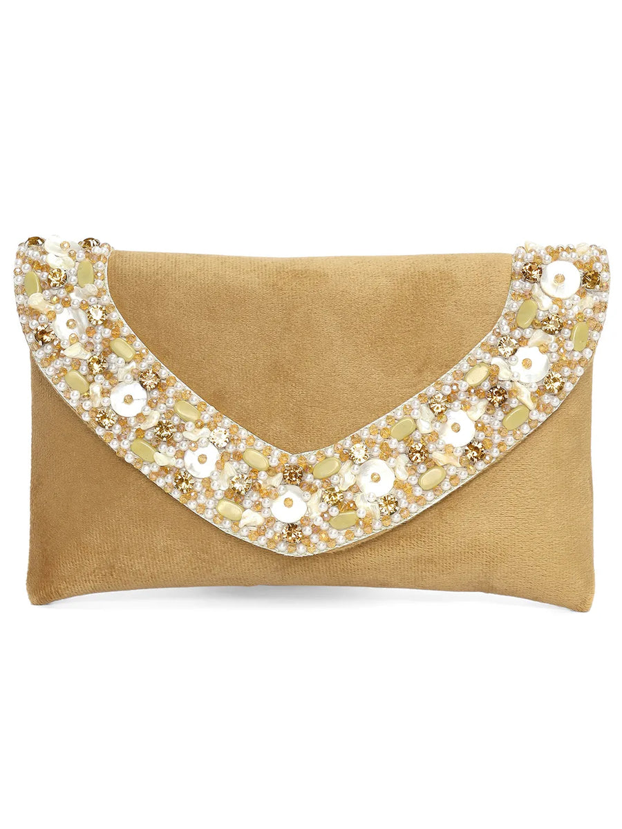 Brown clutch bag named Gilded Glamour Evening Hand Clutch, featuring artificial beads detailing and soft fabric texture | Peora
