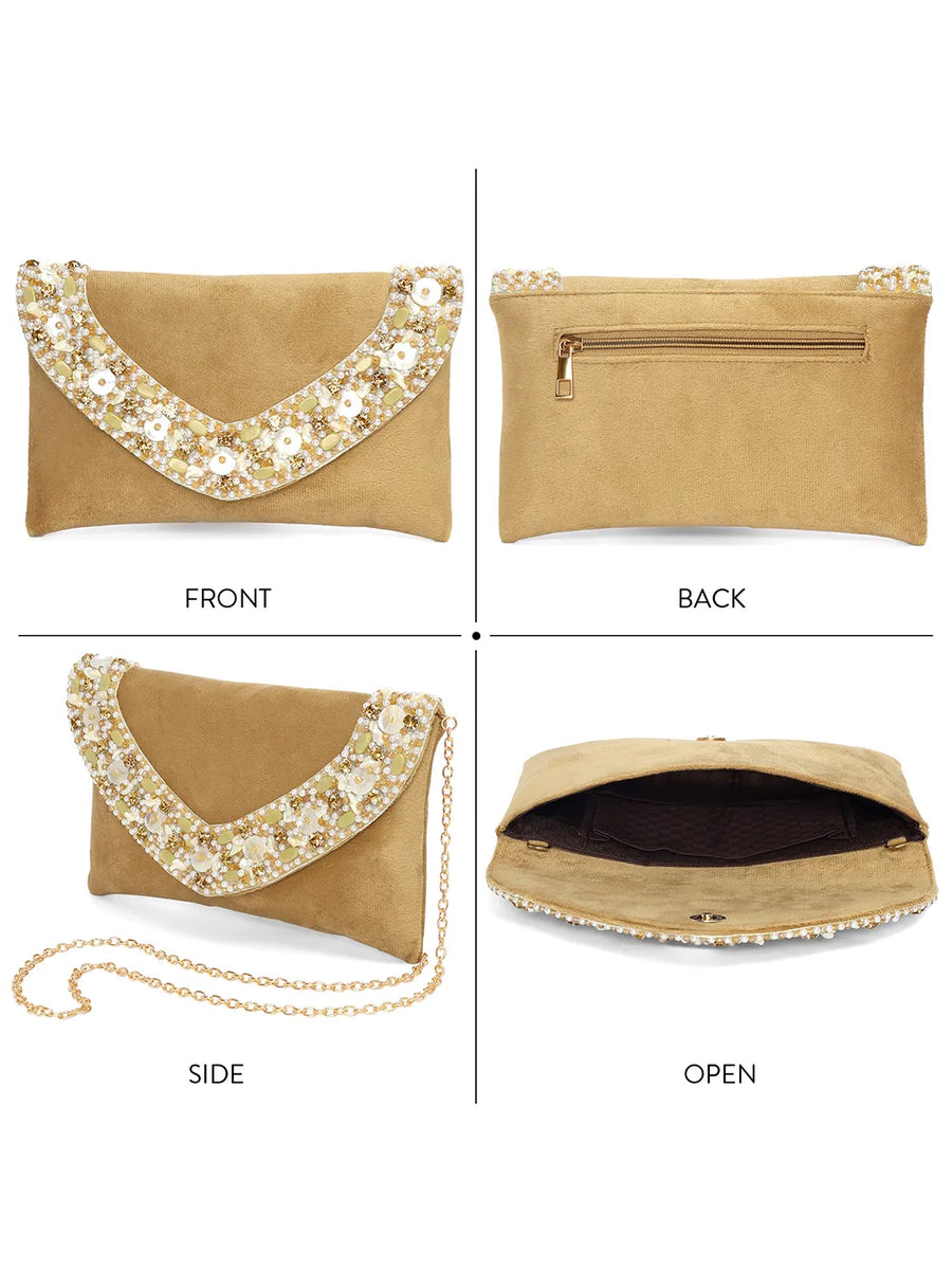 Brown clutch bag named Gilded Glamour Evening Hand Clutch, featuring artificial beads detailing and soft fabric texture | Peora
