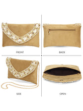 Brown clutch bag named Gilded Glamour Evening Hand Clutch, featuring artificial beads detailing and soft fabric texture | Peora
