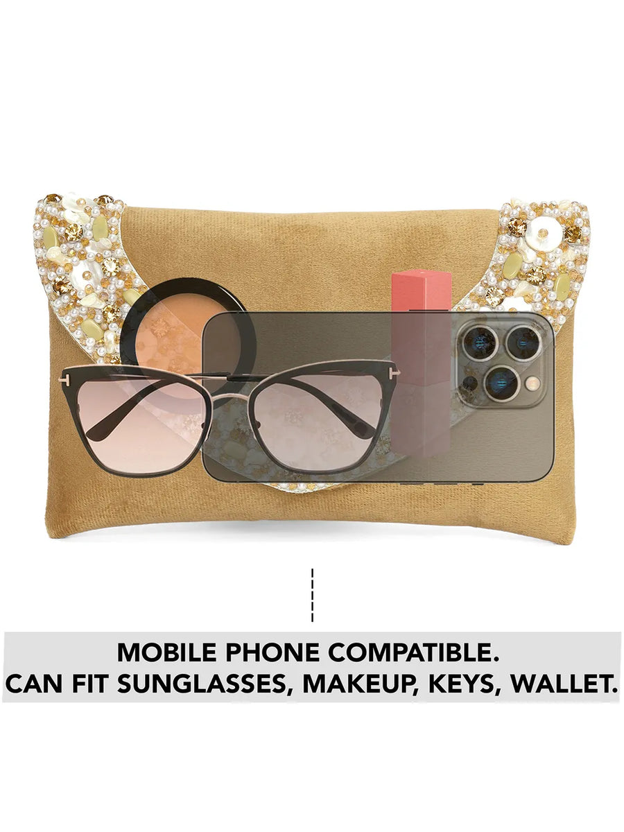 Brown clutch bag named Gilded Glamour Evening Hand Clutch, featuring artificial beads detailing and soft fabric texture | Peora
