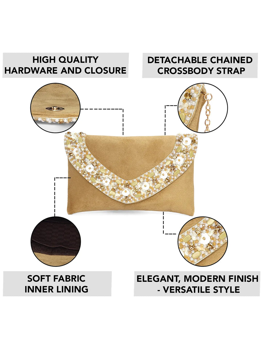 Brown clutch bag named Gilded Glamour Evening Hand Clutch, featuring artificial beads detailing and soft fabric texture | Peora
