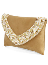 Brown clutch bag named Gilded Glamour Evening Hand Clutch, featuring artificial beads detailing and soft fabric texture | Peora
