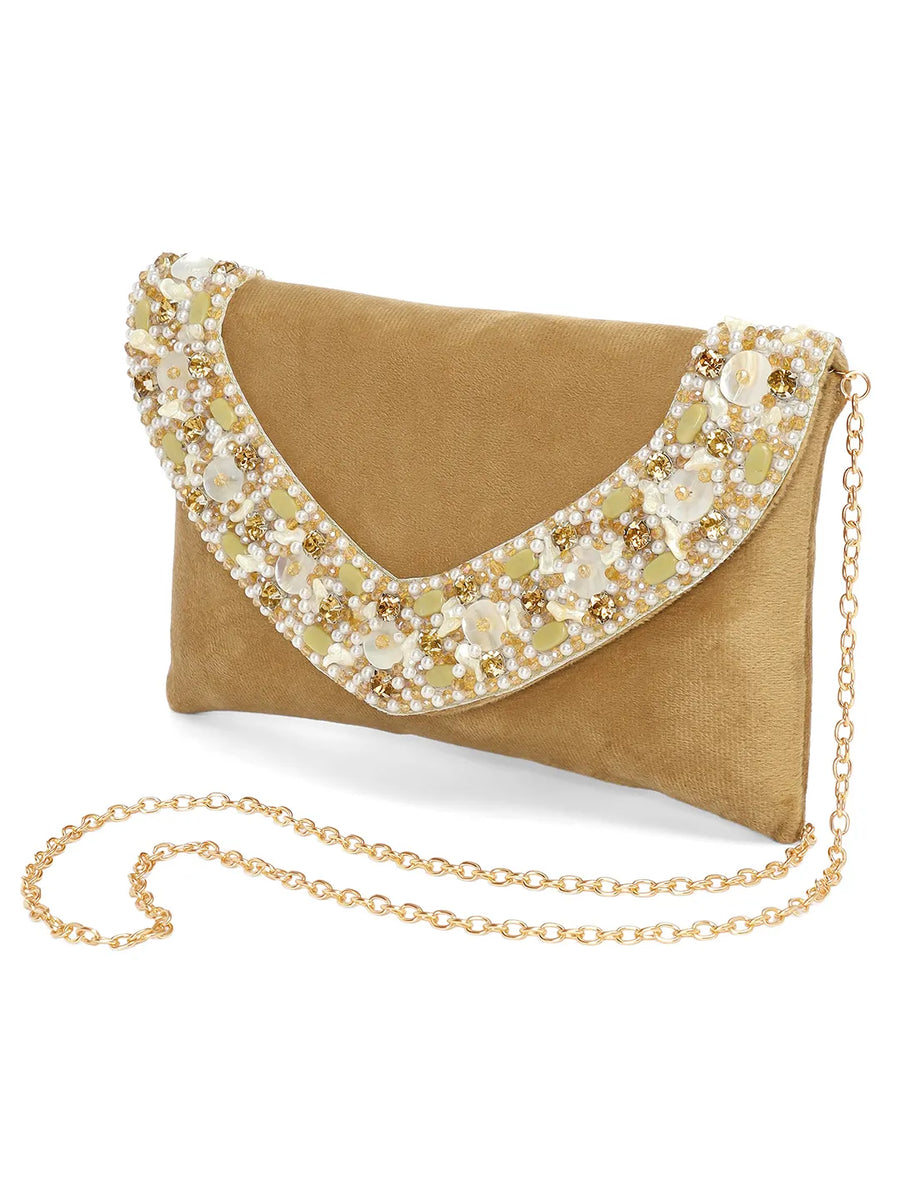 Brown clutch bag named Gilded Glamour Evening Hand Clutch, featuring artificial beads detailing and soft fabric texture | Peora
