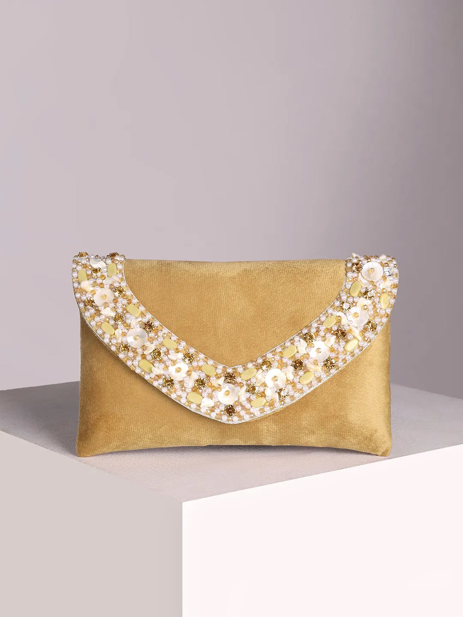 Brown clutch bag named Gilded Glamour Evening Hand Clutch, featuring artificial beads detailing and soft fabric texture | Peora
